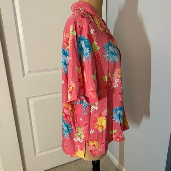 Elizabeth by Liz Claiborne Pink Hawaiian Button Down Short Sleeve Top 18 - Picture 2 of 4